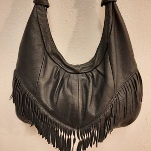 Black Fringe Leather Shoulder Bag